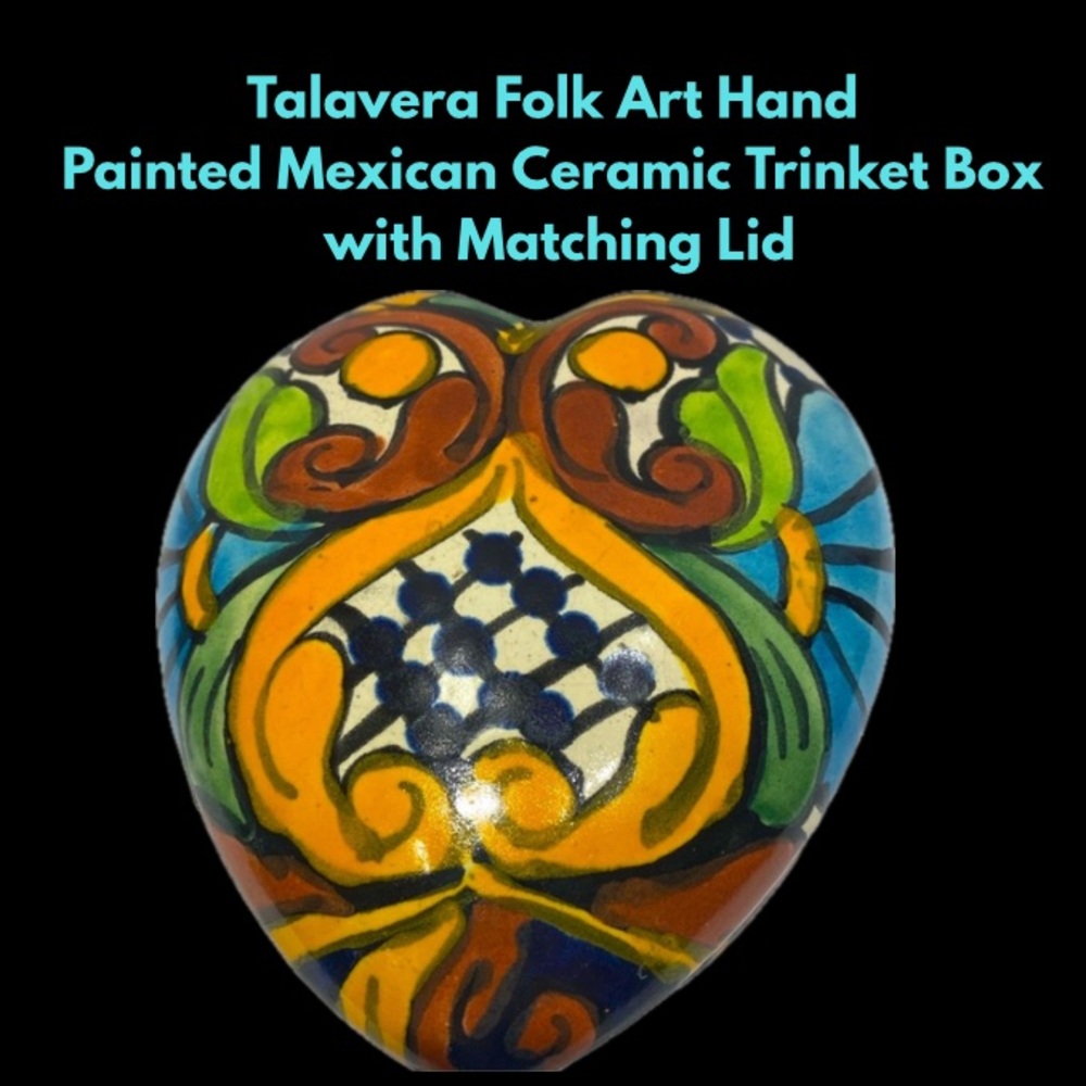 Talavera Folk Art Hand Painted Mexican Ceramic Trinket Box with Matching Lid